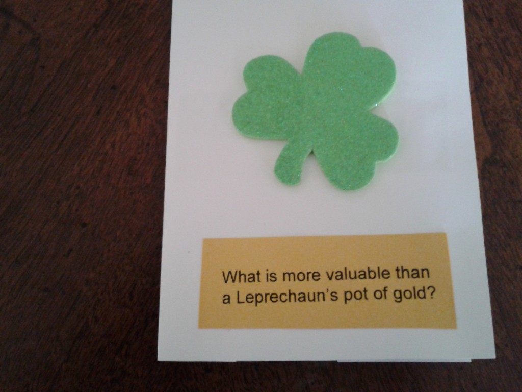 The front of our St. Patrick's Day card.  Everything was cut prior to the visit so it would be ready for assembly.